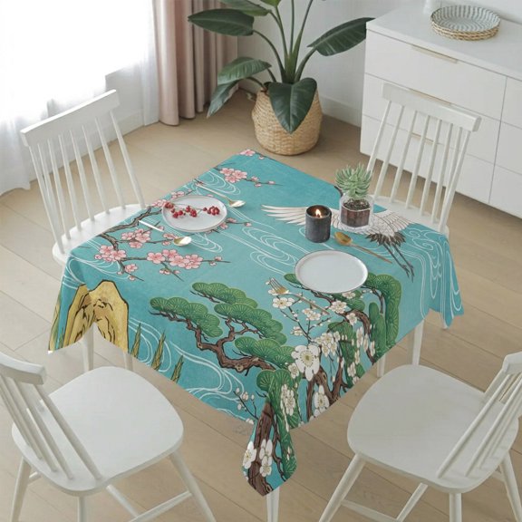Japanese Crane Abstract Clouds Table Cloth 54x54in, Waterproof Square Tablecloth Wipeable Tablecloths Vintage Tree Blossom Table Covers for Dining Tables Party Indoor Outdoor