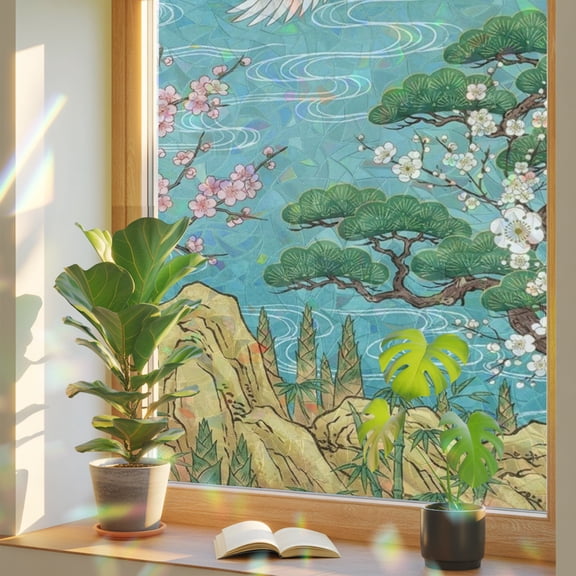 Japanese Crane Abstract Clouds Window Privacy Film, Rainbow Film Decorative Window Sticker 17.7x39.3in, Vintage Tree Blossom Sun Blocking Static Stained Glass Cling Tint Non-Adhesive
