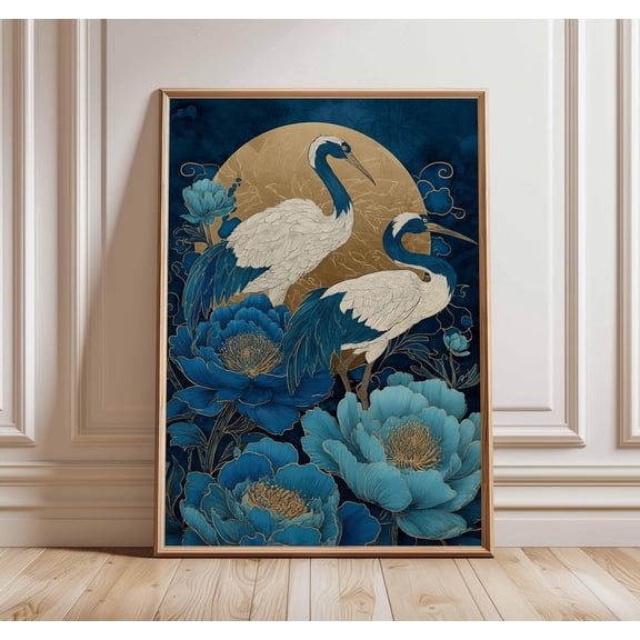 Japanese Crane Art Print, Blue Peonies, Oriental Wall Decor, Poster Only