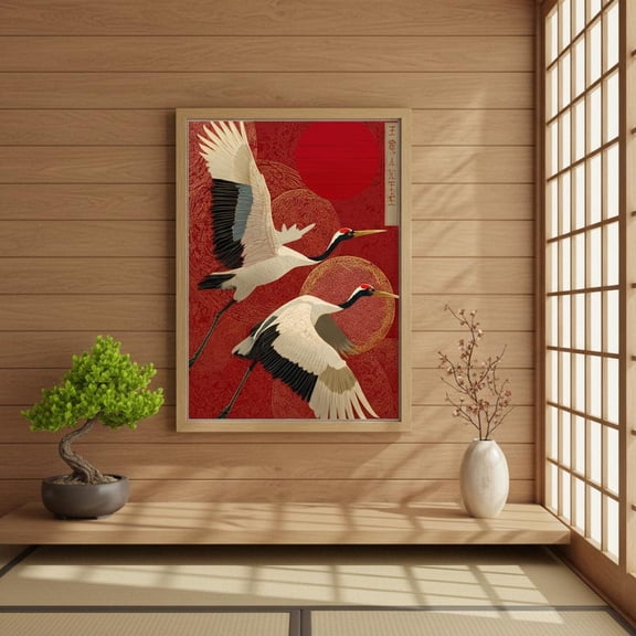 Japanese Crane Art Print: Red And Gold Asian Decor, Unframed Canvas Size 8x12