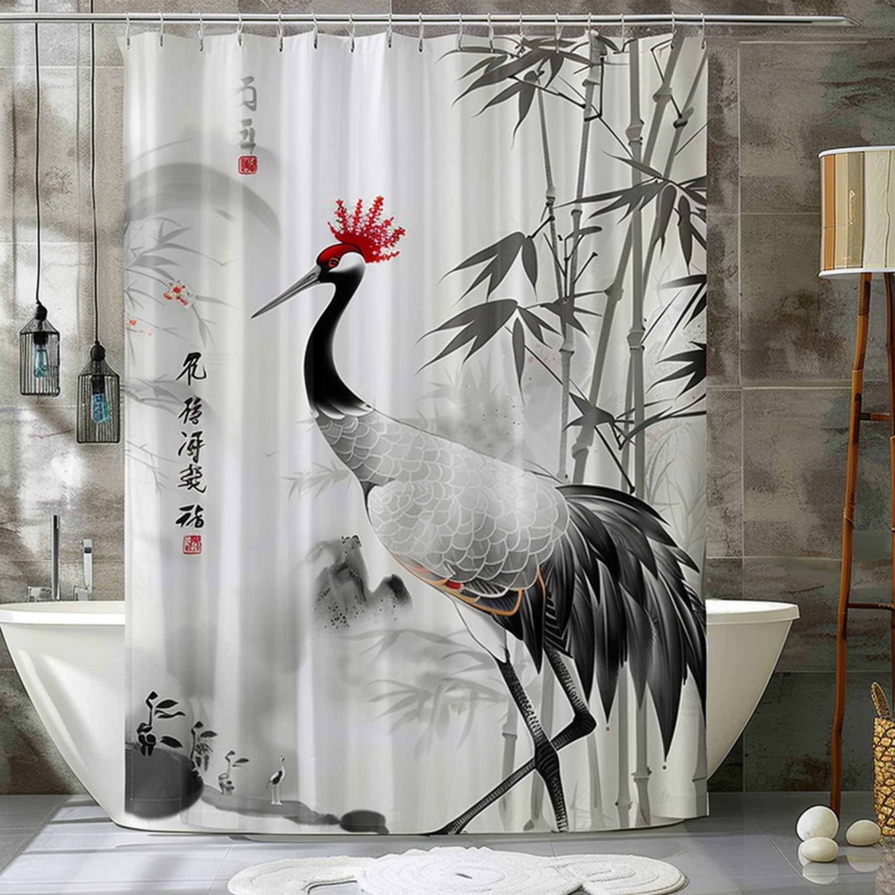 Japanese Crane Bamboo Forest Shower Curtain Ink Painting Style Antique