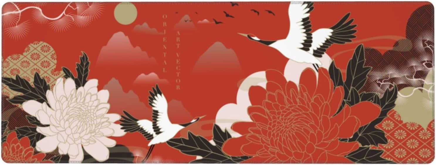 Japanese Crane Birds Mouse Pad, Waterproof Extended Large Gaming Mousepad Desktop, Big Long Non-Slip Mouse Mat for Laptop, Keyboard, Computer for Decor Office, (Red, 31.5 * 11.8 in)