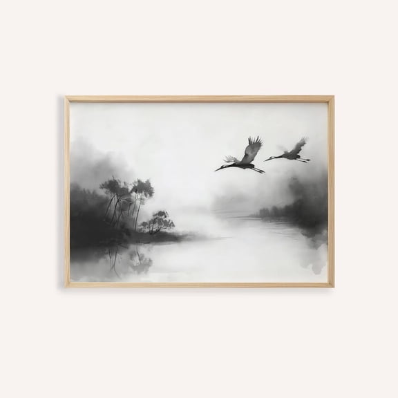 Japanese Crane Black White Ink Landscape Traditional Poster Art, Unframed Poster