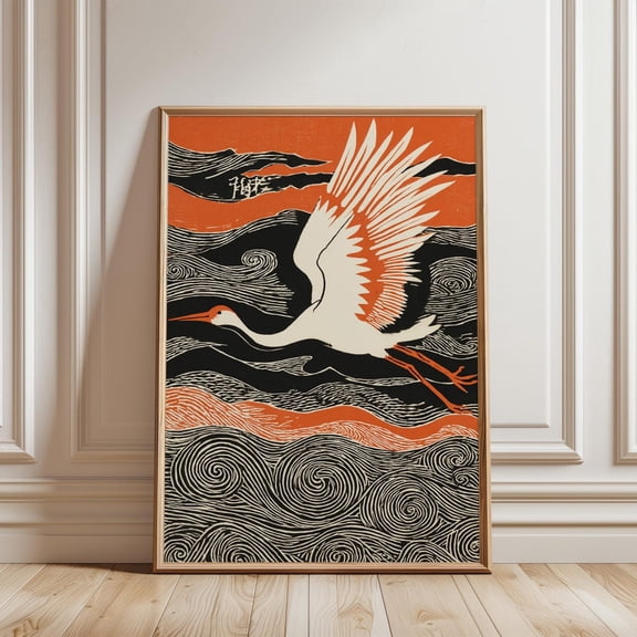 Japanese Crane Bold Orange Wave Woodblock Style Oriental Art Print, Stretched Canvas 8x10in