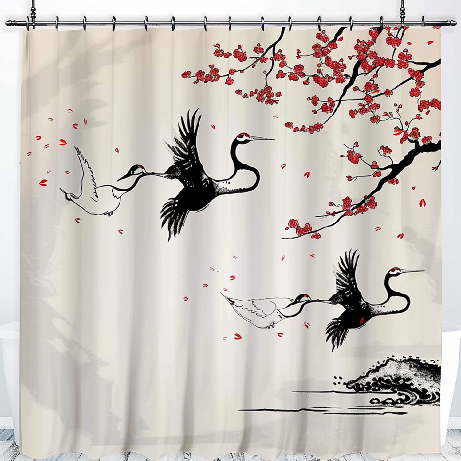 Japanese Crane and Cherry Blossom Shower Curtain with Elegant Swan ...