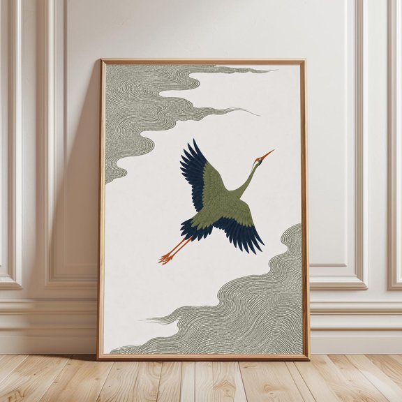 Japanese Crane Clouds Wall Art Print With Woodblock Japandi And Bird Decor Unframed Paper Print