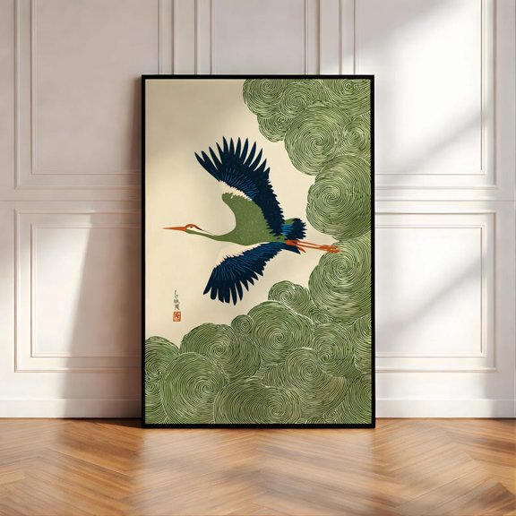 Japanese Crane Flying Poster, Traditional Bird Cloud Landscape Wall Art 16x24 UNFRAMED