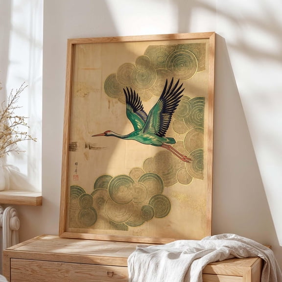 Japanese Crane Green Gold Clouds Wall Art