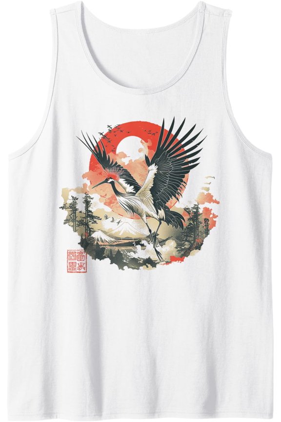 Japanese Crane In Flight - Traditional Japanese Art Design Tank Top Size S-3XL