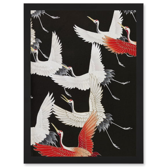 Japanese Crane Kimono Pattern Artwork Framed Wall Art Print A4