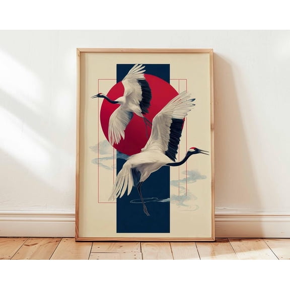 Japanese Crane Minimalist Red Sun Wall Art Print, Unframed Paper Poster 8x10in