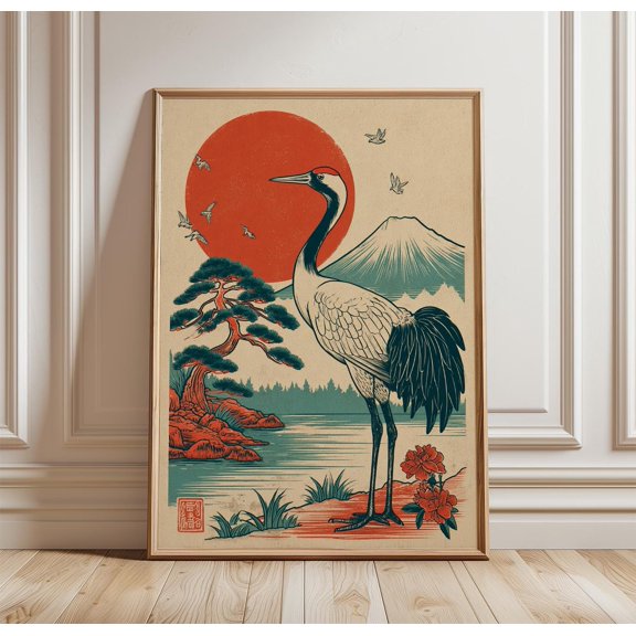 Japanese Crane Mount Fuji Poster Print | Red Sun Landscape Wall Art | Asian Nature Illustration, Poster Only