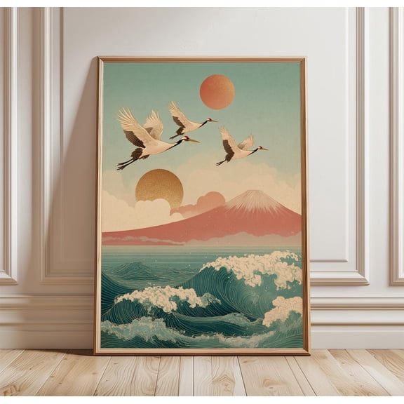 Japanese Crane Mount Fuji Sunset Wall Art Decor Unframed Paper Print