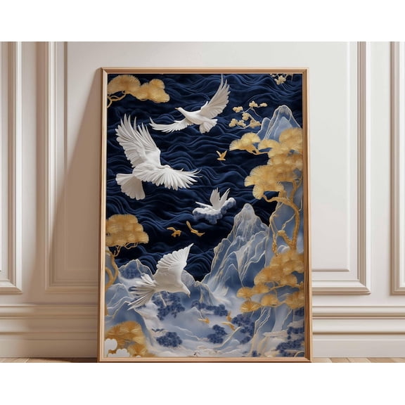 Japanese Crane Navy Blue Gold Oriental Bird Wall Art Print, Unframed Paper Poster 24x36in