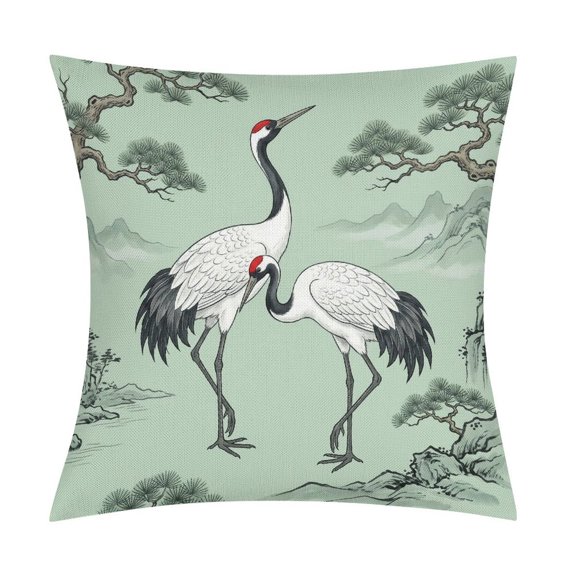 Japanese Crane Pine Mountain in GreenSet of 2 Faux Linen Throw Pillow Covers, Soft & Breathable Polyester Cushion Cases