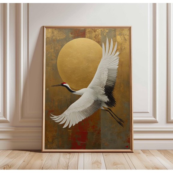 Japanese Crane Poster Red Crowned Crane with Gold Sun Elegant Bird Wall Art Traditional Ja