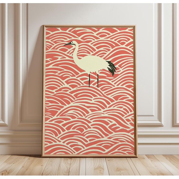 Japanese Crane Poster Seigaiha Wave Pattern Art Bird Print Asian Wall Decor 1