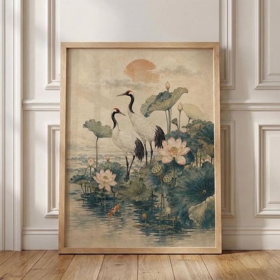 Japanese Crane Print, Lotus Pond Wall Art, Vintage Japandi Decor, Koi ...