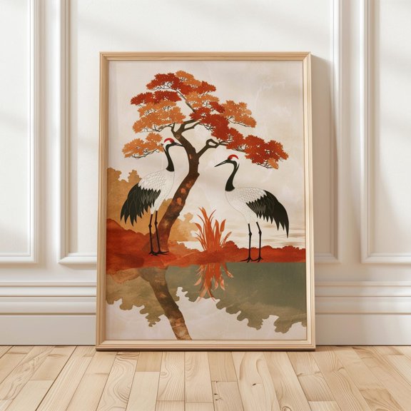 Japanese Crane Red Crowned Wall Art Minimalist Nature Japanese Tree and Bird Illustration Peaceful Zen Decor, Unframed Poster