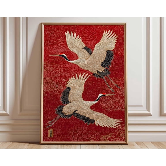 Japanese Crane Red Gold Wall Art Print, Unframed Paper Poster 24x36in