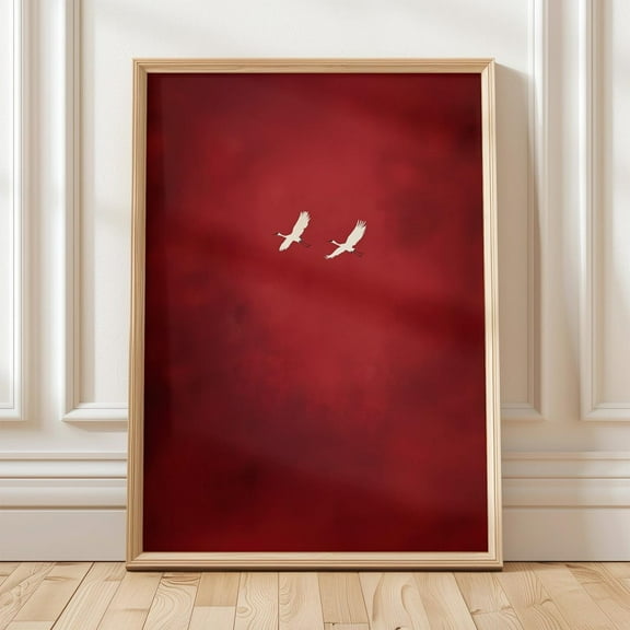 Japanese Crane Red Minimal Elegant Bird Flying Zen Nature Porch Decoration Unframed Paper Print