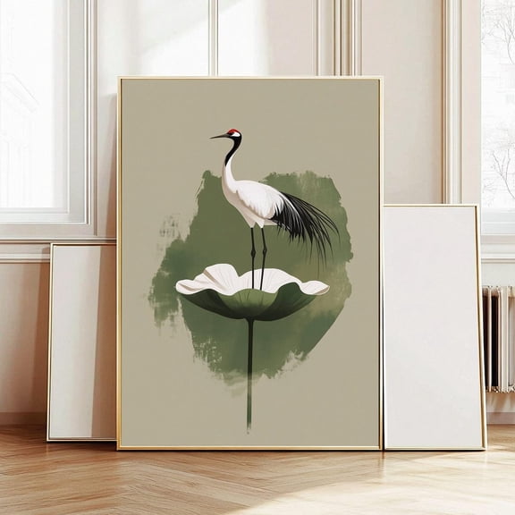 Japanese Crane Sage Green Botanical Poster, Poster Home Decor, Poster Only