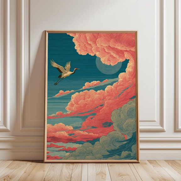 Japanese Crane Sky Wall Art Print, Cloud Landscape And Flying Bird Decor