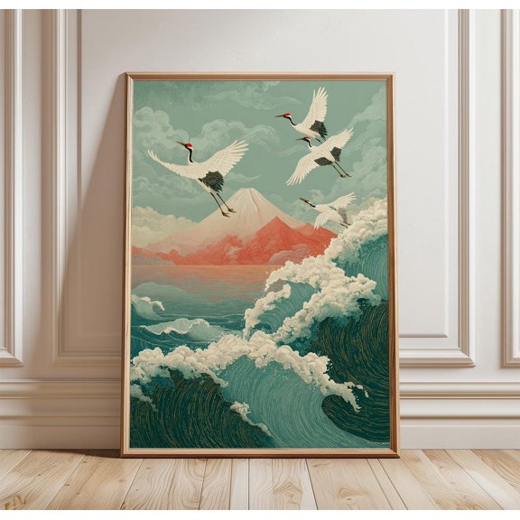 Japanese Crane Sunset Mount Fuji Ocean Illustration Print Nature Wall Art