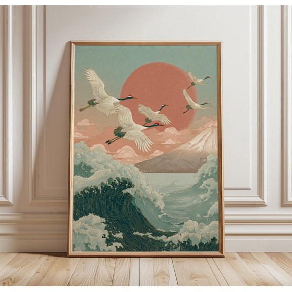 Japanese Crane Sunset Poster Mount Fuji Ocean Illustration Print Nature Wall Art
