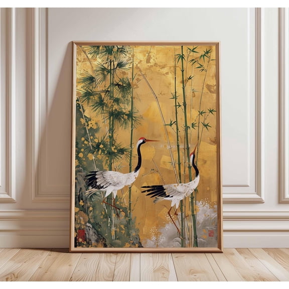 Japanese Crane Wall Art, Gold Foil Style Oriental Poster, Pine Tree Bird Print, Elegant Asian Decor, Traditional Japanese Artwork Unframed