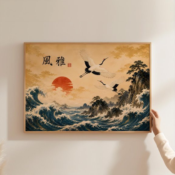 Japanese Crane Wall Art Print Red Sun Ocean Decor Unframed Paper Print
