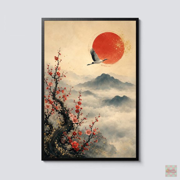 Japanese Crane Wall Art Red Sun Mountain Landscape Cherry Blossom Tree Artwork Zen Japandi Home Decor Gift