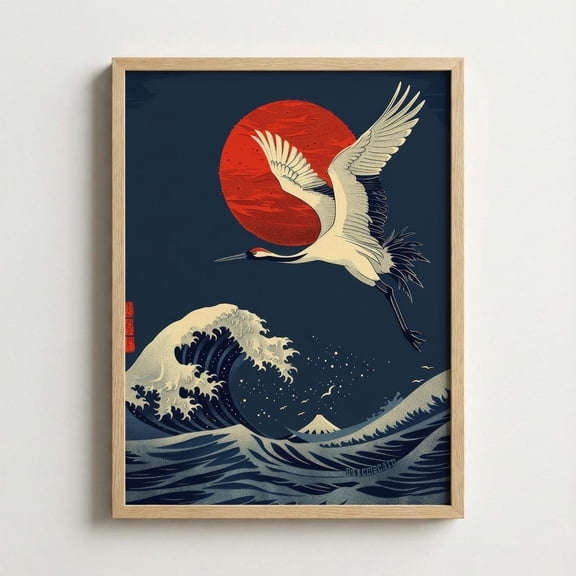 Japanese Crane Wall Art Red Sun Ocean Home Decor