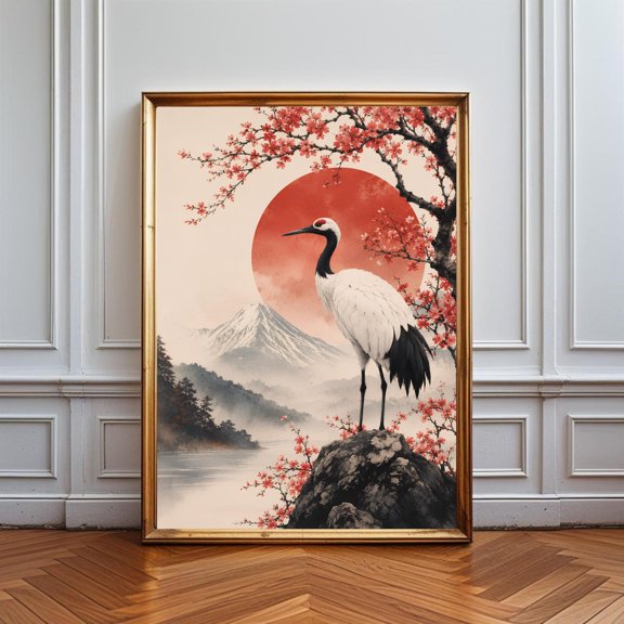 Japanese Crane Wall Art, Sakura Blossom Print, Japanese Landscape Poster, Asian Decor, Mount Fuji Artwork, Zen Wall Art, Oriental Nature, Poster Only