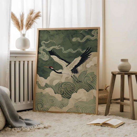 Japanese Crane Wave Poster, Elegant Asian Flying Crane Wall Art 16x24 UNFRAMED