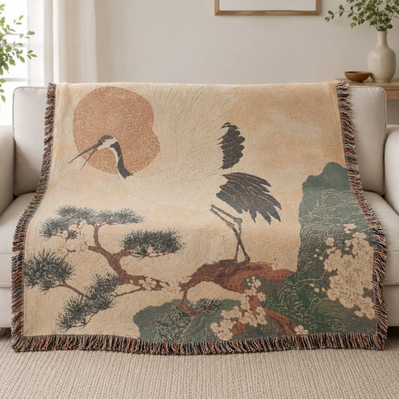 Japanese Crane Woven Cotton Throw Blanket with Fringe, Decorative Tapestry for Sofa
