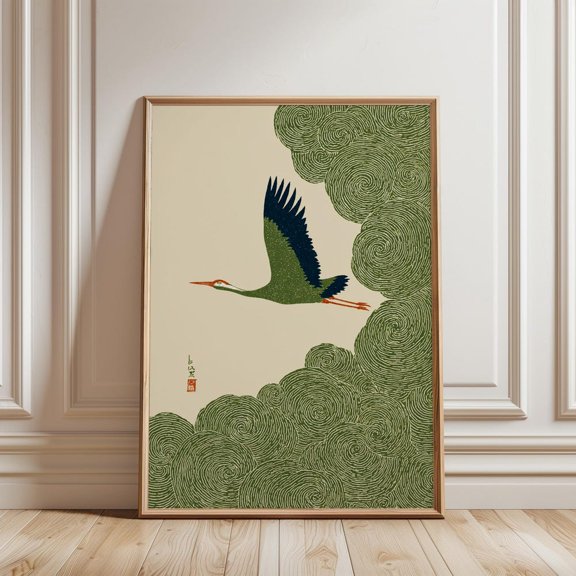 Japanese Crane in Swirling Clouds Poster, Unframed Paper Poster 8x10in