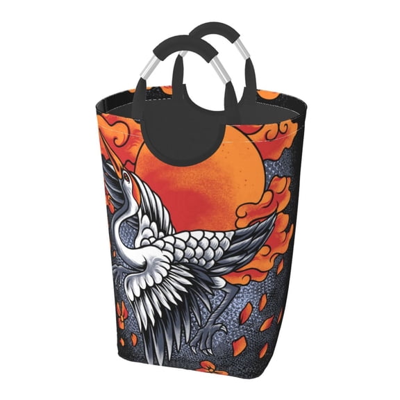 Japanese Cranes Art Laundry Bag with Handle - Foldable Dirty Clothes Hamper Collapsible Storage Bin