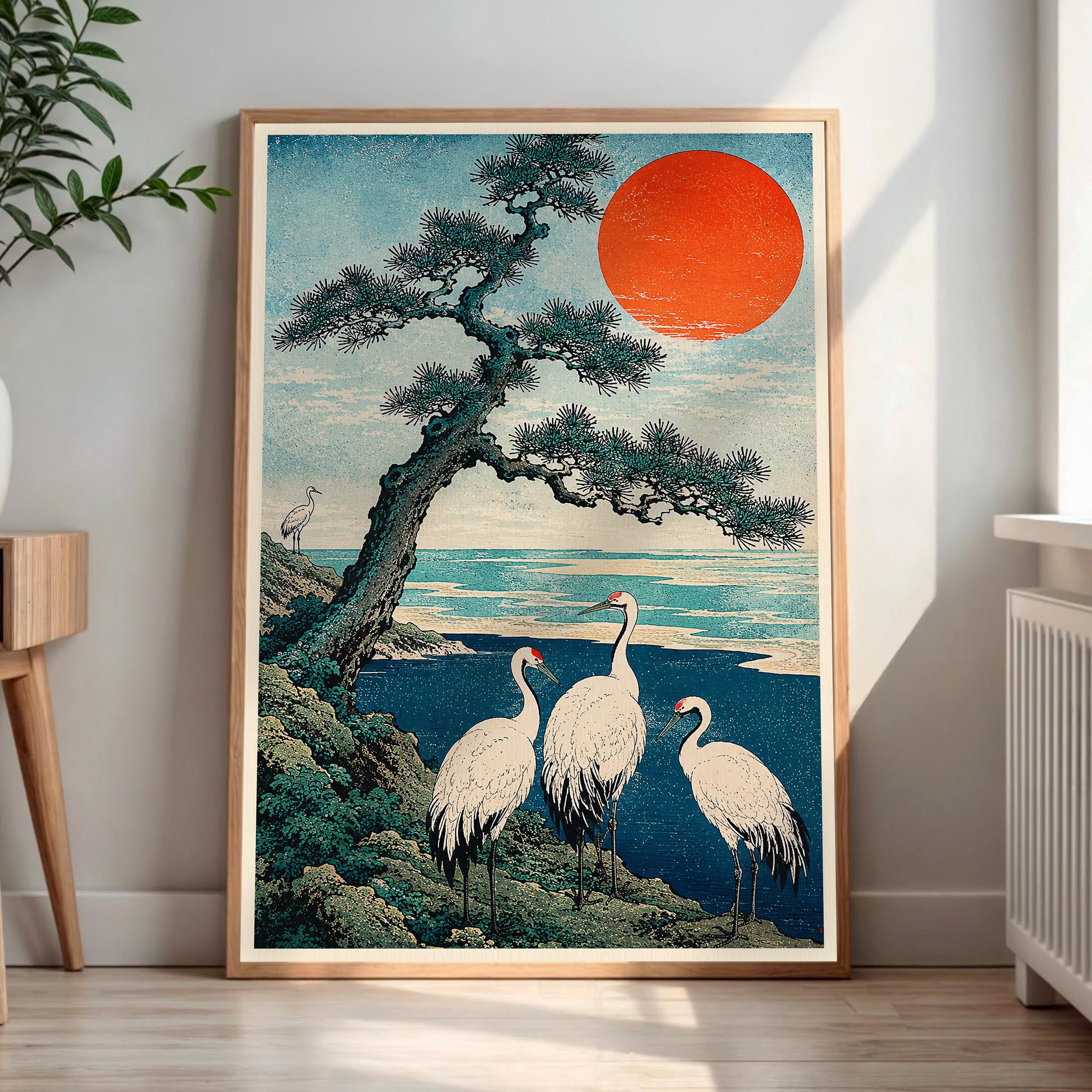 Tree Crain Japanese Cranes Art Print, Ukiyo E Ocean Landscape, Red Sun Pine Tree ...