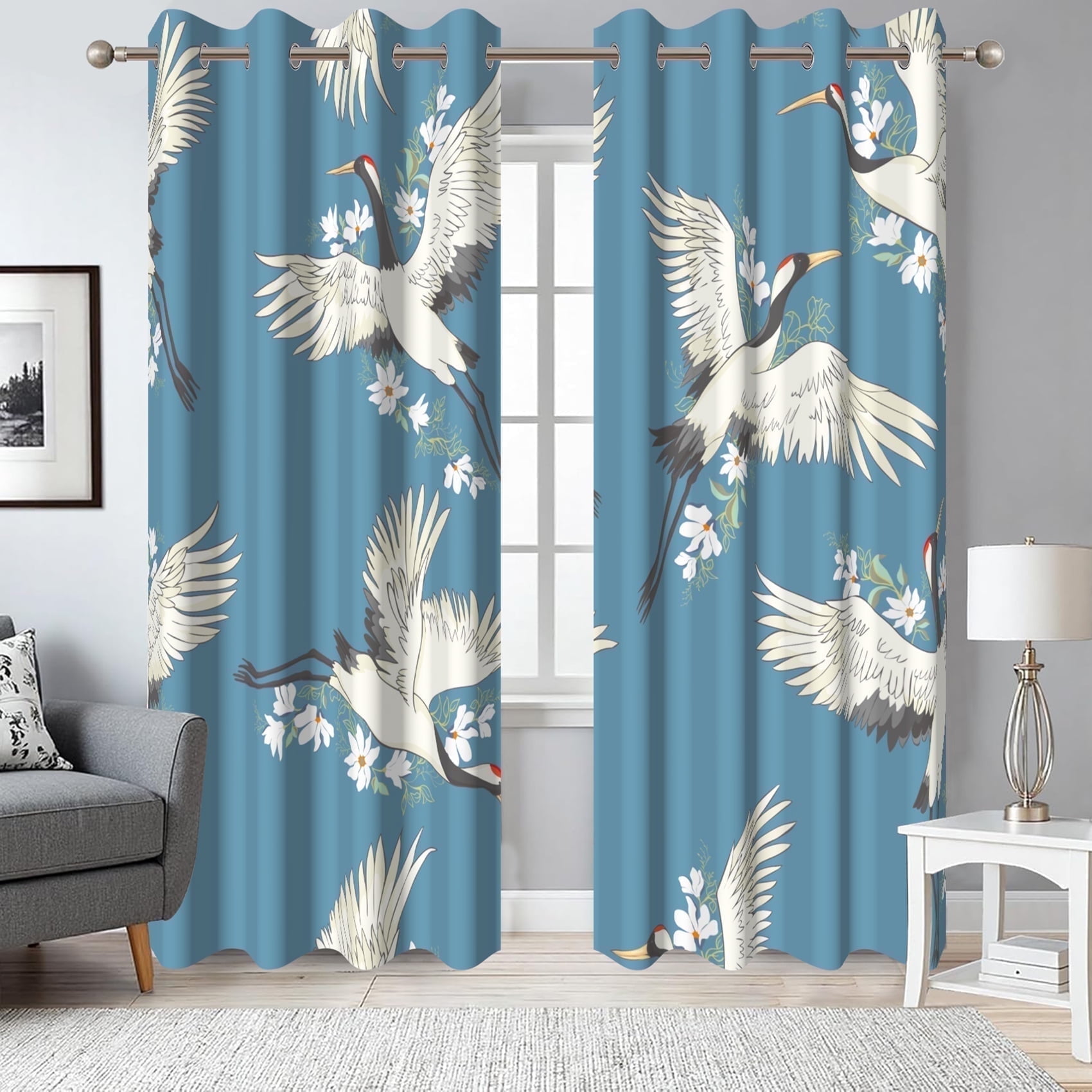 Japanese Cranes Blue Blackout Window Curtains for Living Room,Thermal Insulated Curtains,52x84 Inch,Set of 2