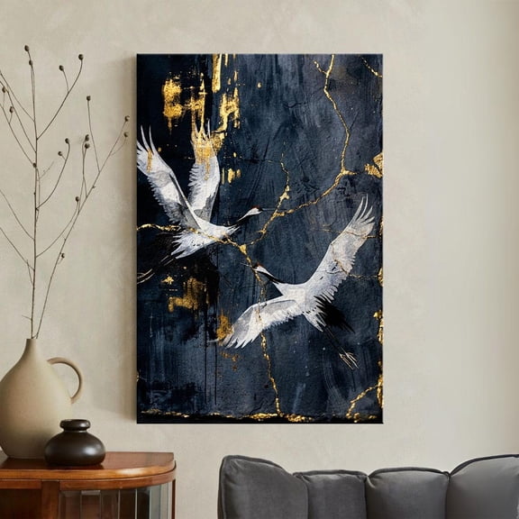 Japanese Cranes Gold Kintsugi Print Navy Blue Bird Wall Art Zen Wabi Sabi, Stretched Canvas 12x16in