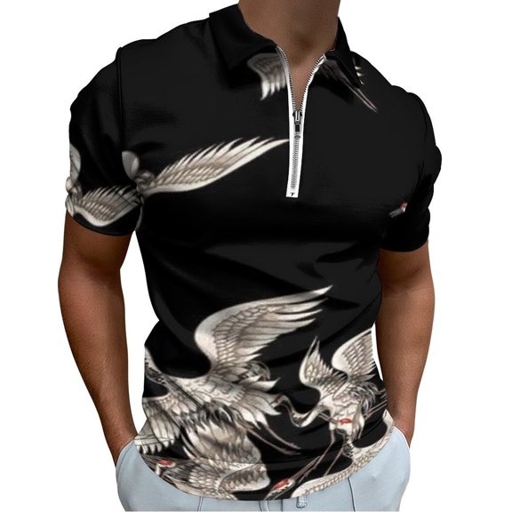 Japanese Cranes Men Zipper T-shirt Summer Casual Short Sleeve T-shirt Top