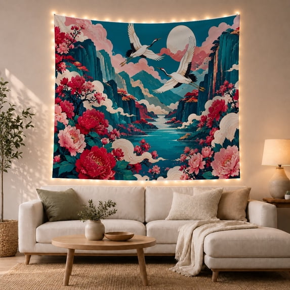 Japanese Cranes in Moonlit Valley with Peonies Serene Japanese Inspired for Nature Lovers Traditional Asian Art Decor Birthday Gift Tapestry Wall Hanging for Bedroom and Living Room