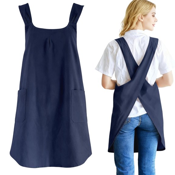 Japanese Cross Back Cooking Apron for Women Men with Pockets Cute, for Baking Kitchen, Gardening, Painting, Cleaning