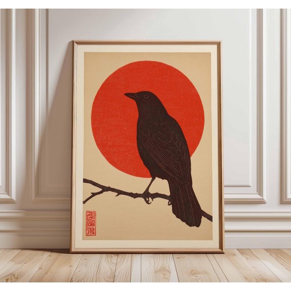 Japanese Crow Poster Minimalist Sun Bird Art Traditional Red Circle, Unframed Poster