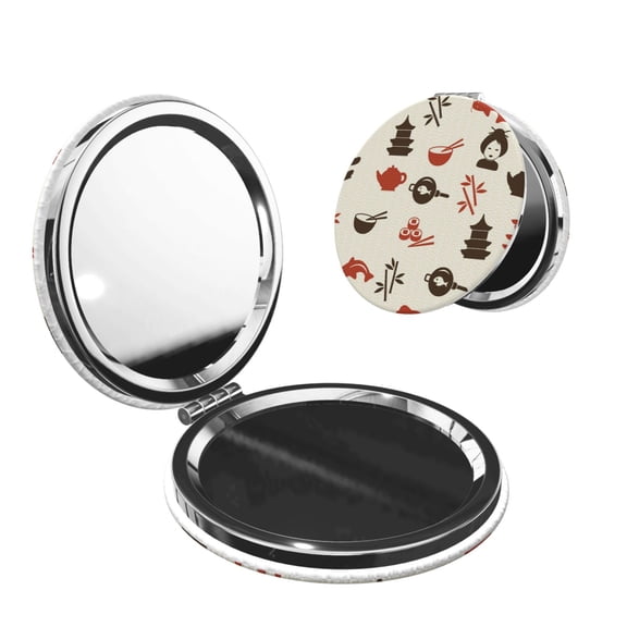Japanese Culture Japan Portable Double-Sided Face Mirror Round Shape, Magnifying Compact Pocket Mirror with PU Leather Cover