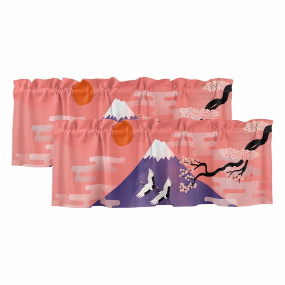 Japanese Curtain Valances for Windows, Kitchen Valance Window Treatments Panel 2 Pack, Nature Mountain Sun Blossoms Cherry Scenery Rod Pocket Short Curtains for Bathroom Bedroom 54 x 18 Inch