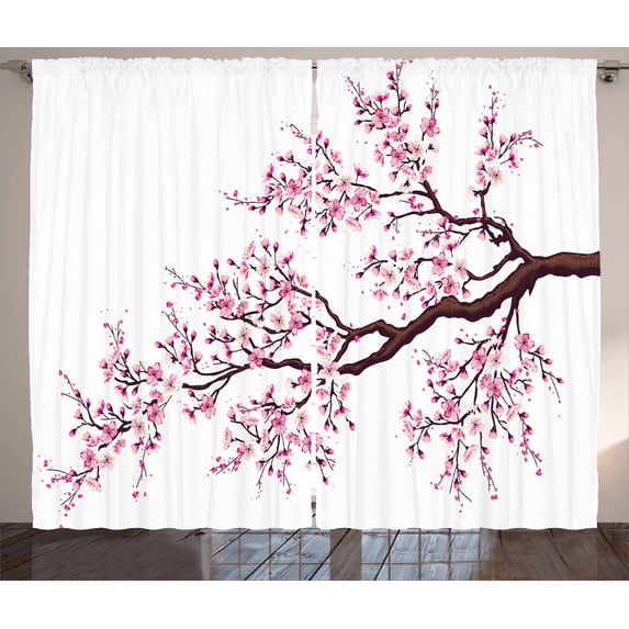 Ambesonne Japanese Curtains 2 Panel Set, Sakura Branch Blossoms, 108" x 63", Pink Dark Brown
