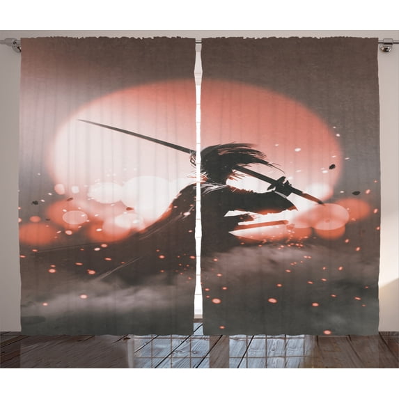 Ambesonne Japanese Curtains 2 Panel Set, Samurai Japan, 108" x 90", Salmon Umber