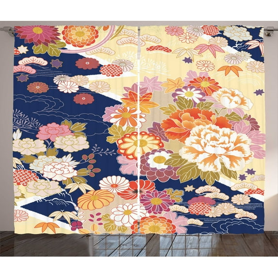 Ambesonne Japanese Curtains 2 Panel Set, Traditional Flowers, 108" x 84", Multicolor